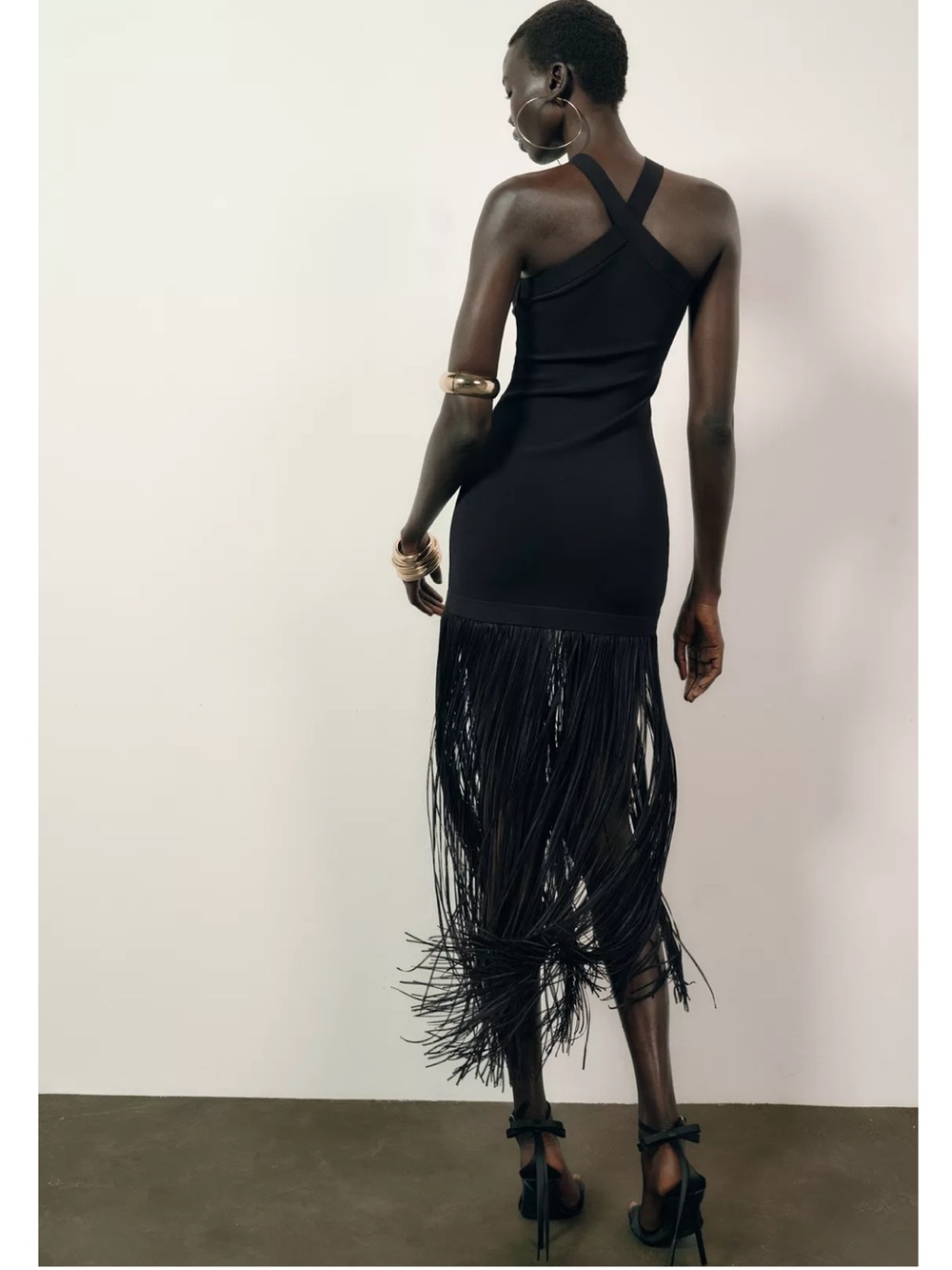 Zara Black Cross-Neck Fringe Evening Dress - Picture 7 of 12